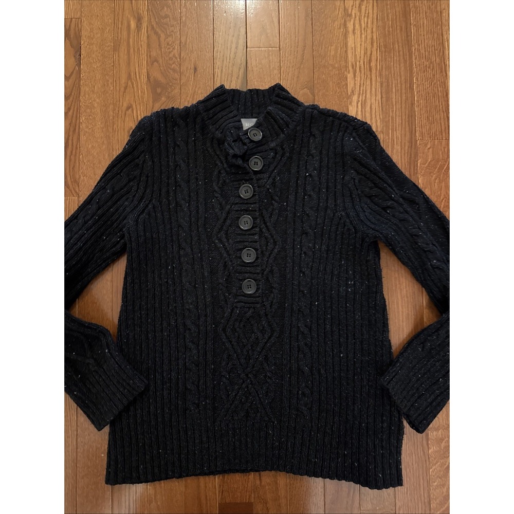 Vintage Liz Claiborne Cable Knit Chunky Sweater Charcoal Speckled Fisherman M